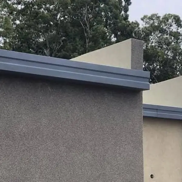 Canaleta moldura gris rematando el muro de una casa, entre los árboles.